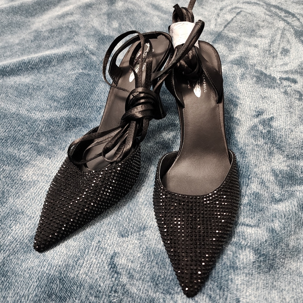 Free People X Jeffrey Campbell Rhinestone Lace Up Pumps in Black
